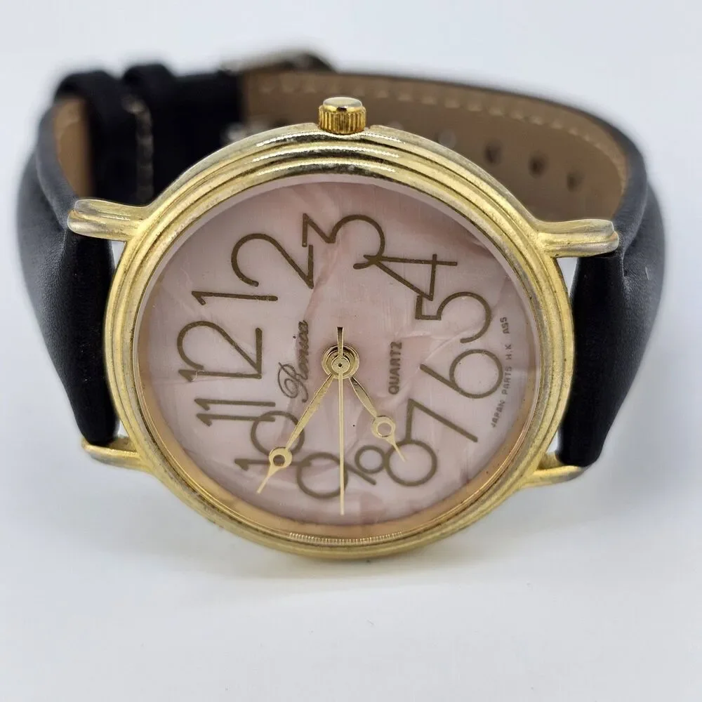 Vintage Ronica Women's Watch 36MM Pink Dial Black Leather Bands New Battery‎